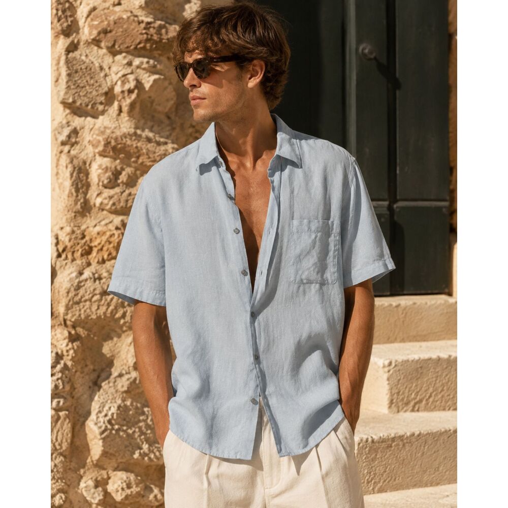 100% Linen Joseph & Lyman Men’s L/XL Short Sleeve Shirt Light Blue Relaxed Fit
